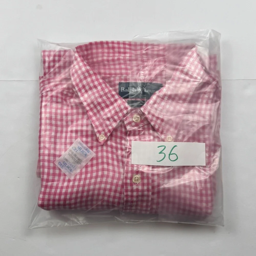 Ralph Lauren Shirt XL Linen Pink Gingham Preppy Short Sleeve Classic Fit Button